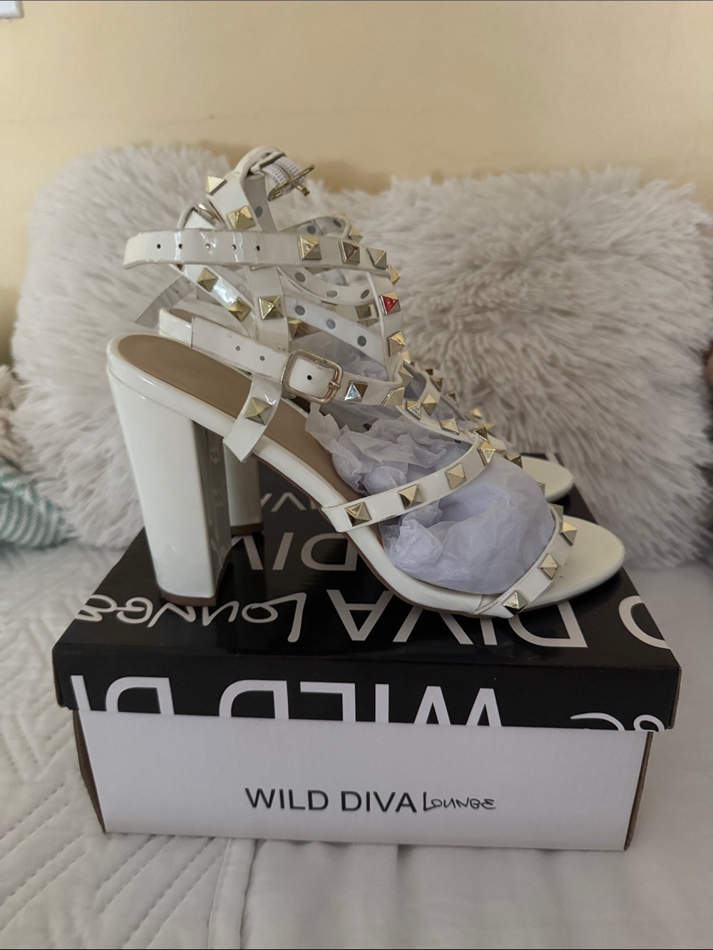DIVA Lounge White Pyramid-Stud Multi-Strap Block Heel Sandals